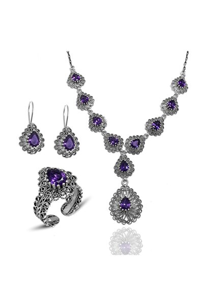 Midyat Nurtaş Gümüş Ametist Taşlı Gerdanlıklı Telkari Gümüş Üçlü Set 201014416