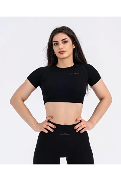 GYMXPRO Dikişsiz Siyah Kısa Kollu Spor Crop