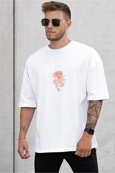 SUNFREE Λευκό μπλουζάκι με στάμπα Dragon Oversize Unisex