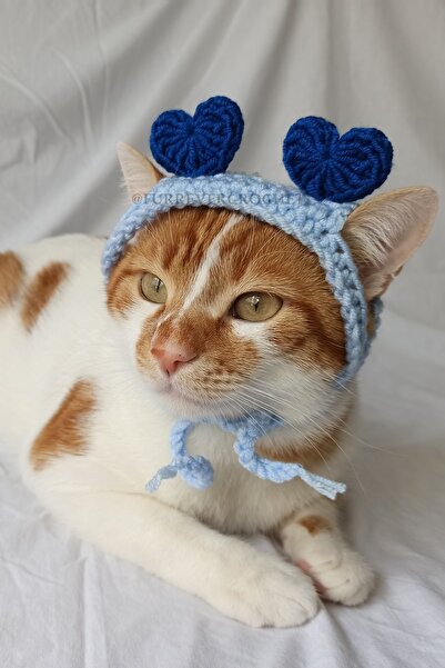 Furrever Crochet Mavi Kalpli Bandana Şık Örgü Kedi Köpek Şapkası Evcil Hayvan...