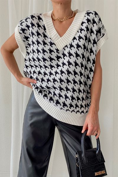 My love butik Cream Colored Wide Collar Houndstooth Sweater