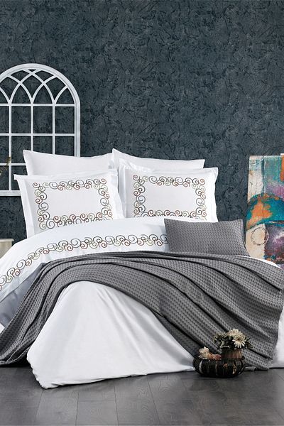 Minelya Home Collection Σετ παπλωματοθήκη 8 τεμαχίων Luna διπλό βαμβακερό γκρι με ελαστικό σεντόνι, κέντημα και πικέ