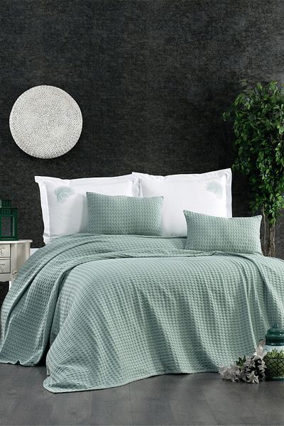 Minelya Home Collection طقم ملاءة مرنة مكون من 6 قطع ومجموعة بيكيه من القطن الأخضر المائي المزدوج المطرز