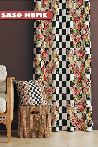 SasoHome Checkered Roses Mckenzie Patterned 140 X 270 Cm Digital Printed Background Curtain (Single Wing)