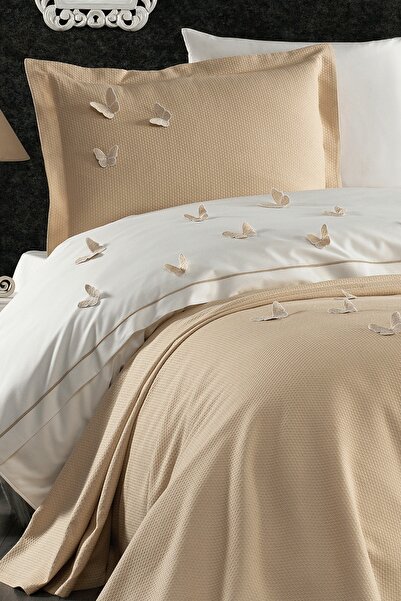 Minelya Home Collection 5 Piece 3D Butterfly Patterned Children's Room Cotton Single Beige Beige Duvet Cover Set with Elastic Sheets