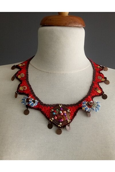 Hippybutik Kırmızı Floş Ip Tığ Işi Iğne Oyalı Etnik Kolye