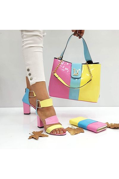 Leyla Yıldız Women's Bonibon Striped Heeled Shoes Ly Buckle Bag Wallet Set