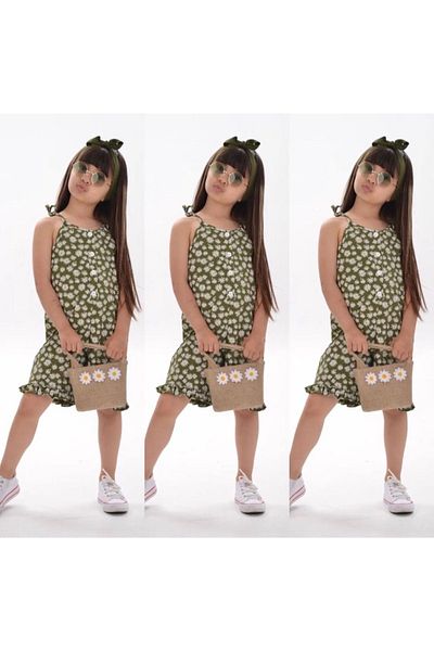Pink Hippo Kids Salopetă cu bretele cu model de margarete, cu bandă pentru cap și geantă de paie (3 bucăți)