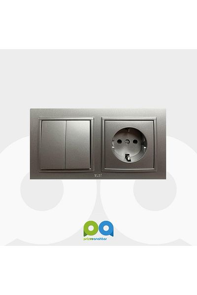 ELBİ Zena Double Set - Metalic Gray Commutator with Switch and Grounded Socket (Silver) Frame