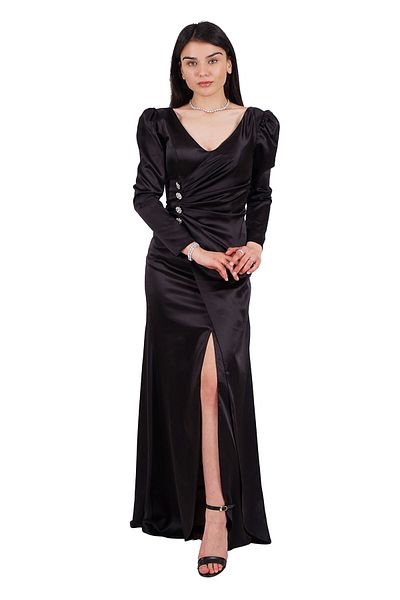 SpringStore Rochie de seară din satin cu mânecă lungă, neagră, cu decolteu în V