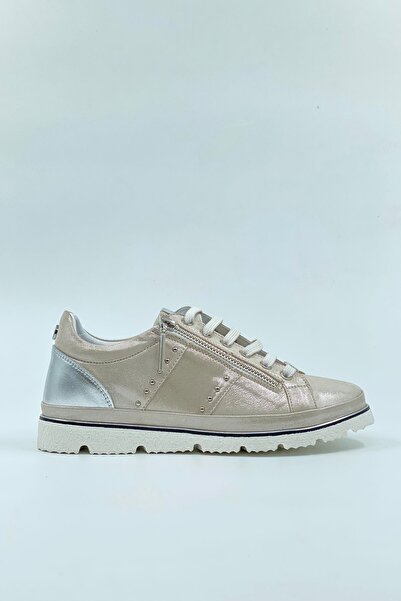 MAT Deri Kadın Lame Bej Hafif Ve Rahat Hakiki Deri Yürüyüş Ayakkabısı Sneaker