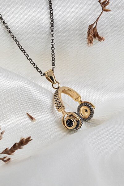 Cenova Jewelry 14 Ayar Altın Siyah Zincirli Taşlı Dj Kulaklık Model Erkek Kol...