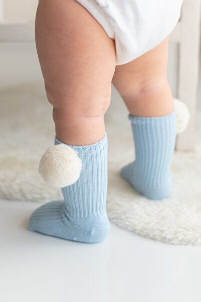 Nou Nou Mavi Bebek Peluş Ponponlu Kaydırmaz Dizaltı Çorap