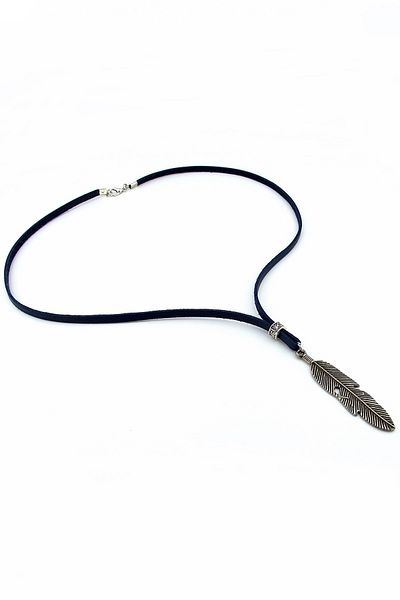 Solfera Navy Blue Original Leather Men's Necklace - Native American Luck Feather Q0510
