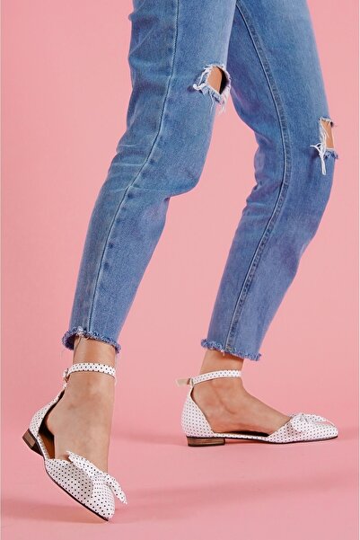 DİVOLYA Καθημερινές μπαλαρίνες Mambo White πουά φιόγκος με λουράκι με μυτερά δάχτυλα