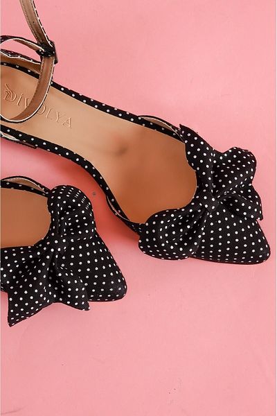 DİVOLYA Mambo Black Polka Dot, Bow, Ankle Strap, Pointed Toe, Casual Ballerinas