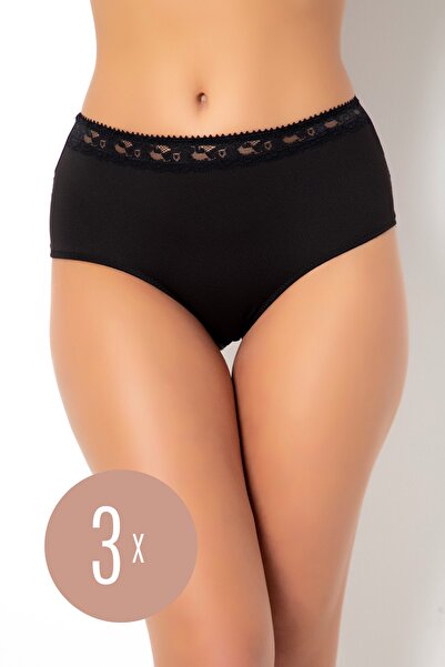 Ay&Min Kadın Siyah 3'lü Dantelli Büyük Beden Yüksek Bel Slip Külot 5043