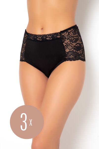 Ay&Min Kadın Siyah 3'lü Dantelli Büyük Beden Yüksek Bel Slip Külot 5033