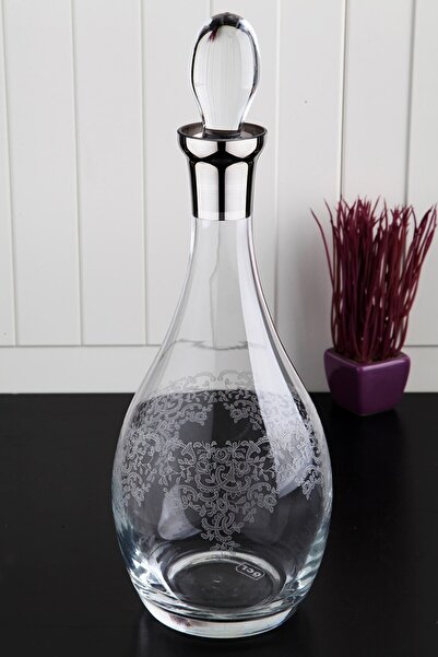 Panayır Home Işlemeli Gümüş Yaldızlı Kesme Dantel Desenli Cam Şişe Sürahi Karaf