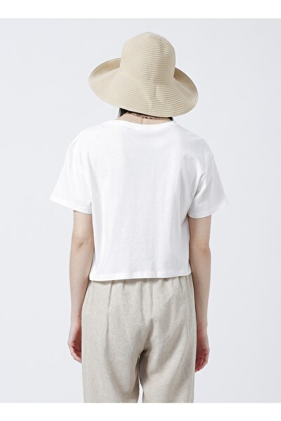 Fabrika Olik Bisiklet Yaka Crop Baskılı Beyaz Kadın T-shirt