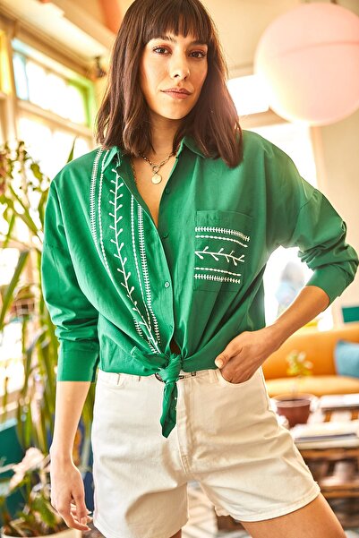 Olalook Women's Grass Green Pocket Detailed Printed Woven Shirt GML-19000985