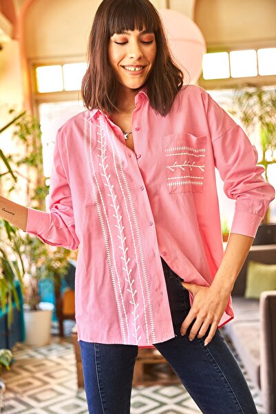 Olalook Women's Pink Pocket Detailed Printed Woven Shirt GML-19000985