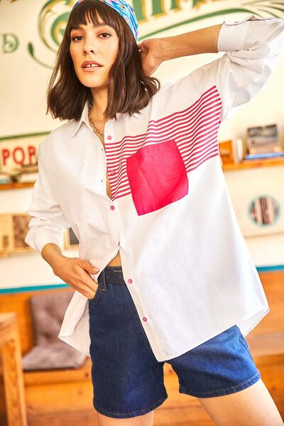 Olalook Kadın Beyaz-Fuşya Cep Detaylı Oversize Dokuma Gömlek GML-19000978