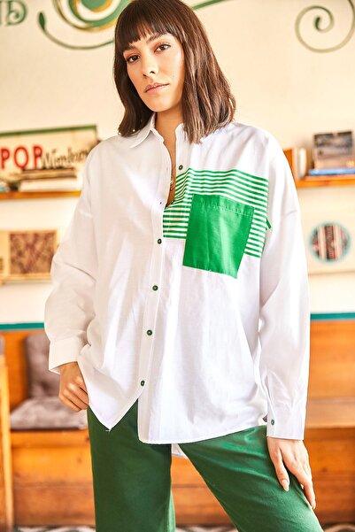 Olalook Dámská bílo zelená oversize tkaná košile s detailem do kapsy GML-19000978