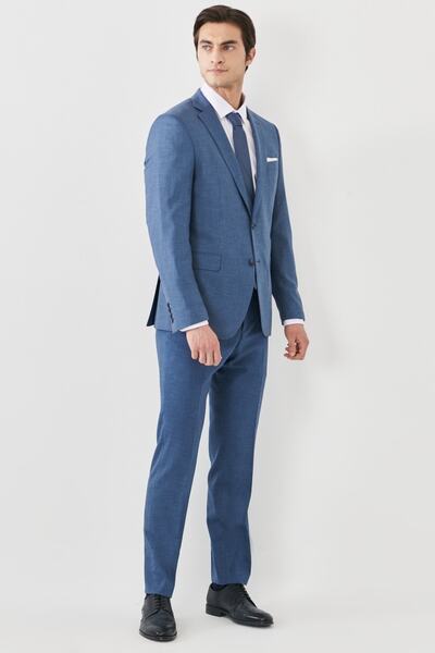 ALTINYILDIZ CLASSICS Erkek Mavi Slim Fit Dar Kesim Mono Yaka Desenli Yünlü Takım Elbise