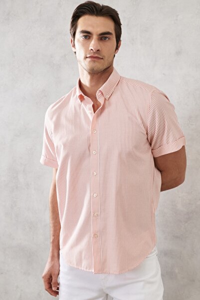 ALTINYILDIZ CLASSICS Ανδρικό Λευκό Πορτοκαλί Slim Fit Slim Fit με γιακά ριγέ πουκάμισο