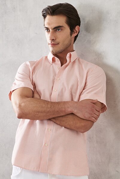 ALTINYILDIZ CLASSICS Ανδρικό Λευκό Πορτοκαλί Slim Fit Slim Fit με γιακά ριγέ πουκάμισο