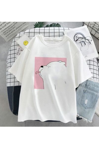 CANDEL Unisex White Ice Bear Printed Oversize Tshirt