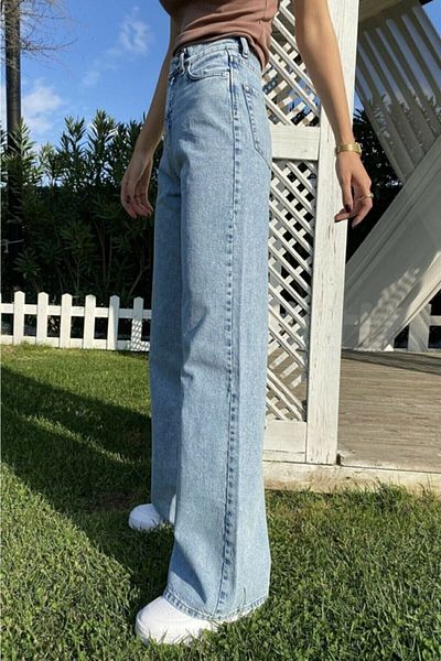 Livik Blue Snow Wash Edna Lycra cu talie super inalta picior largi - Pantaloni Palazzo
