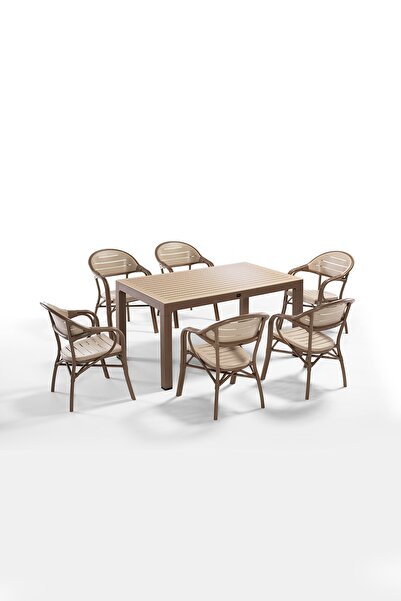 Novussi Bamboo 6lı Bahçe Balkon Masa Takımı(Çöl Kahve-Cappuccino)