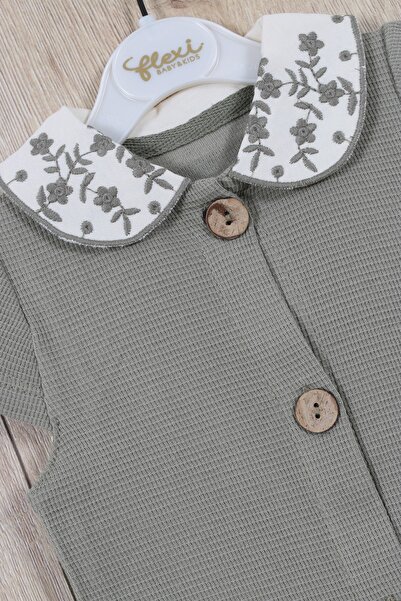 Flexibaby Baby Girl Romper 100% Cotton Embroidered Collar with Wooden Button Detail Short Barbatöz Rompers Baby Gift