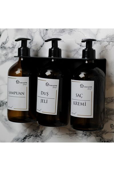 Hobi Demir Sanat Set of 3 500ml Amber, Glass Shampoo, Conditioner, Shower Gel Bottle with Label