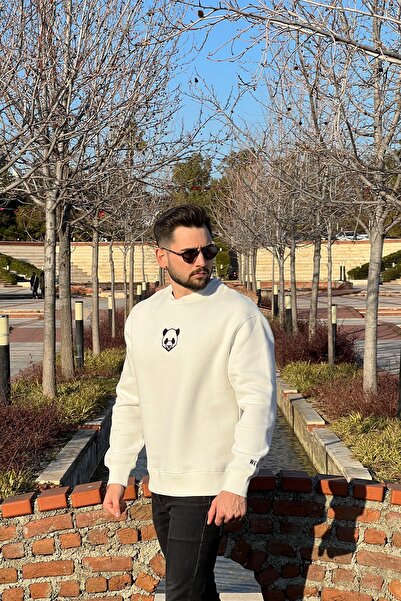 WELLHS Unisex Ekru Panda Nakışlı Işlemeli Oversize Bisiklet Yaka Sweatshirt