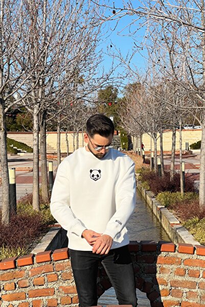 WELLHS Unisex Ekru Panda Nakışlı Işlemeli Oversize Bisiklet Yaka Sweatshirt