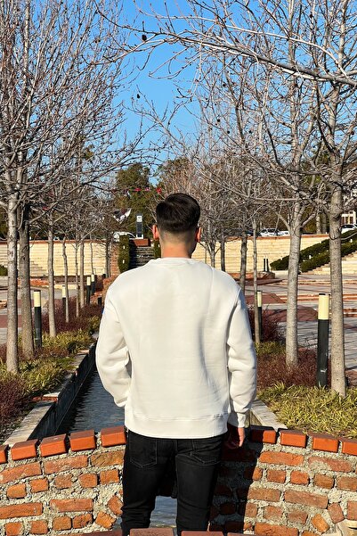 WELLHS Unisex Ekru Panda Nakışlı Işlemeli Oversize Bisiklet Yaka Sweatshirt