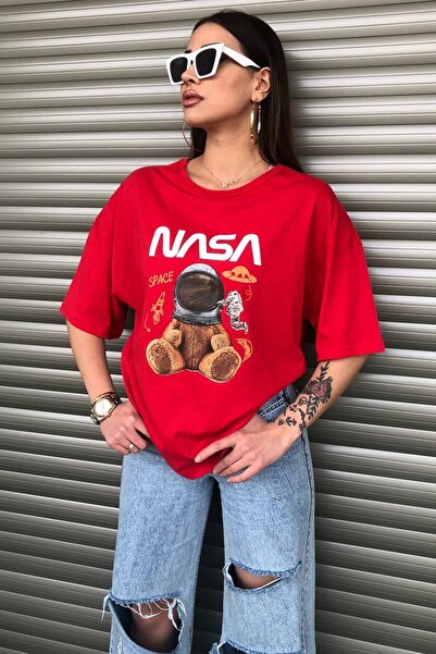Machetta Оверсайз футболка червоного кольору з принтом ведмедика NASA, унісекс
