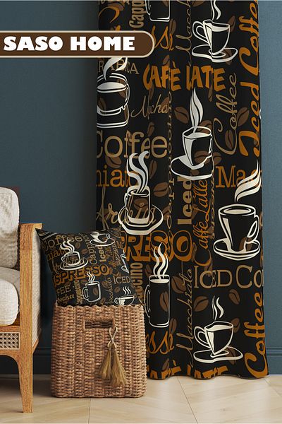 SasoHome Coffee Time - Coffee Time Pattern 140 X 270 cm Ψηφιακή τυπωμένη κουρτίνα φόντου (ONE WING)