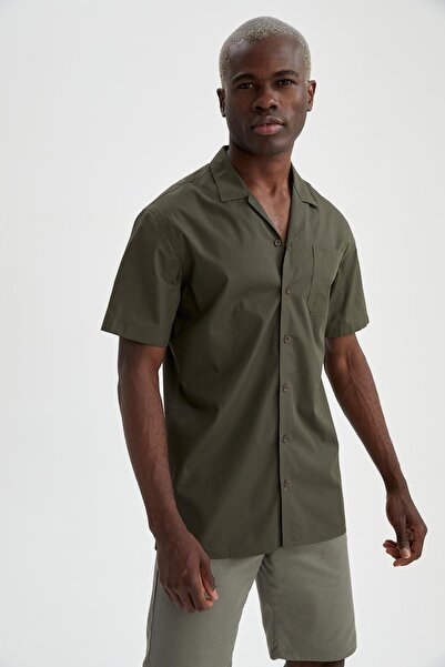 DeFacto Ανδρικό κοντομάνικο πουκάμισο Χακί Μοντέρνας Εφαρμογής Basic