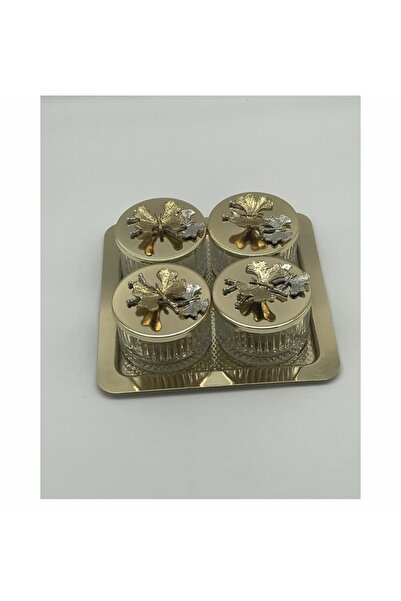 Elzem Square Tray Gold Color 4-Piece Snack and Spice Jar with Lid Glass Prese...