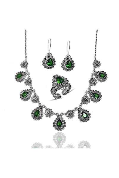 Midyat Nurtaş Gümüş Zümrüt Taşlı Gerdanlıklı Telkari Gümüş Üçlü Set 201021805