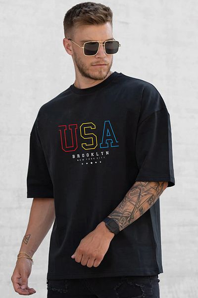 SUNFREE Μαύρο μπλουζάκι με στάμπα ΗΠΑ Oversize Unisex