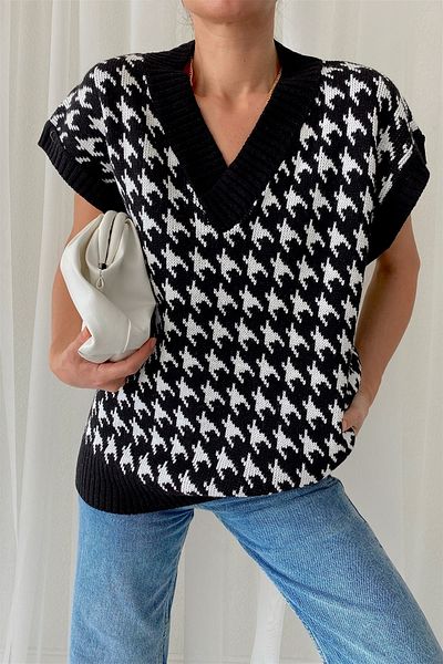 My love butik Black Wide Collar Houndstooth Sweater