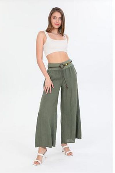 AYASOFYA OTANTIK Women's Khaki Italian Rope Belted Wide Leg Linen Trousers