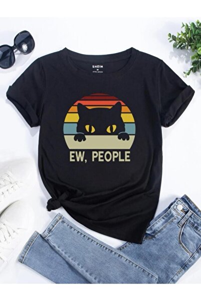 YUVEST Blackrock Unisek Siiah Overize% 100 Pamuk Black Cat 2 Baskılı majica