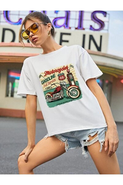 YUVEST Γυναικείο λευκό μπλουζάκι oversize 100% βαμβακερό με στάμπα μοτοσικλετών