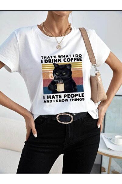 YUVEST Ženska bela Oversize kroj Pamuk crna mačka Štampano T-shirt